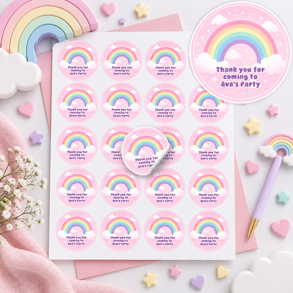 Personalised rainbow thank you stickers on an A4 sheet with 20 stickers