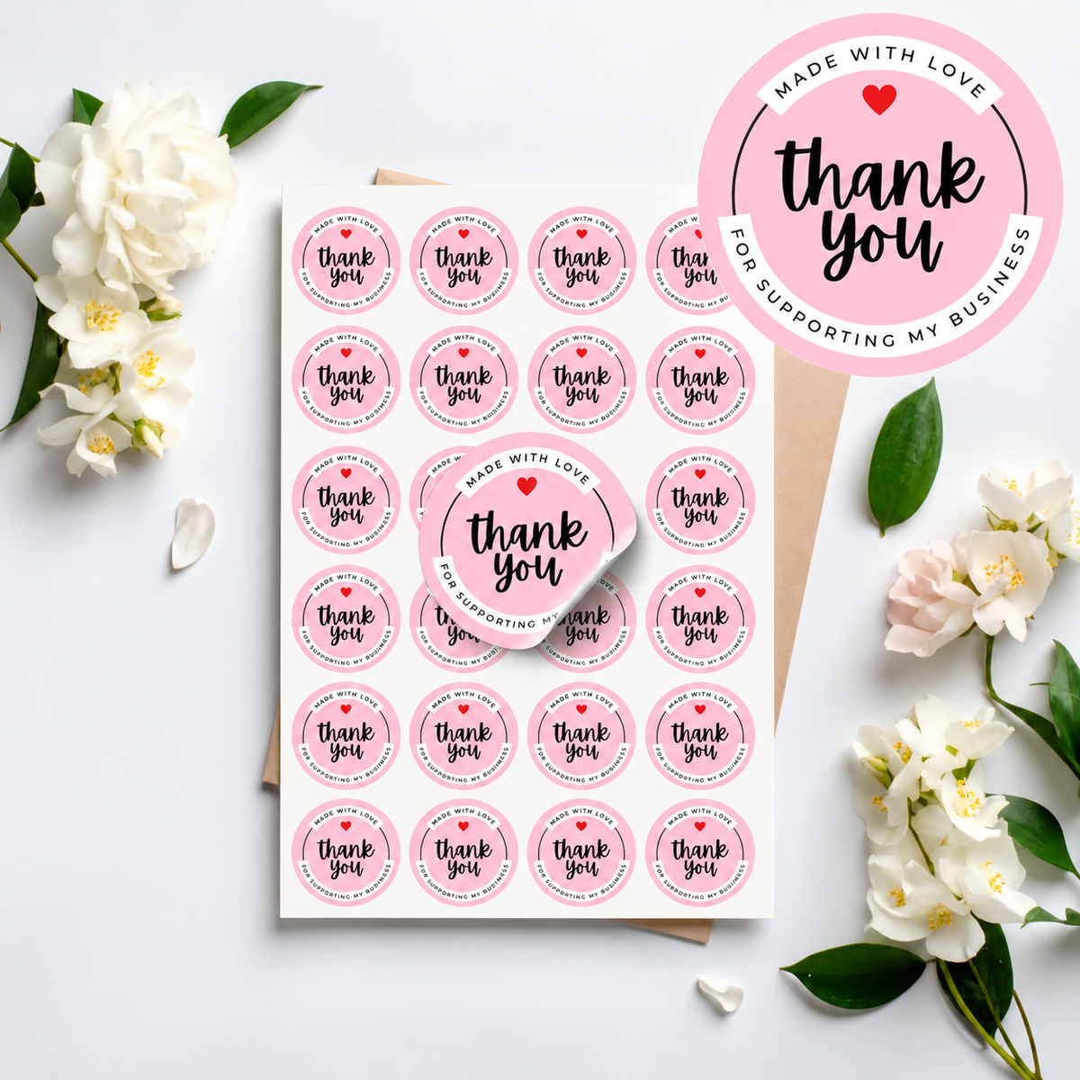Personalised thank you for supporting my business stickers displayed on an A4 sheet with 20 stickers