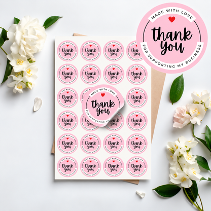 Personalised thank you for supporting my business stickers displayed on an A4 sheet with 20 stickers