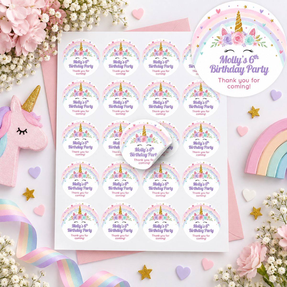 Personalised unicorn rainbow birthday stickers on an A4 sheet with 20 stickers
