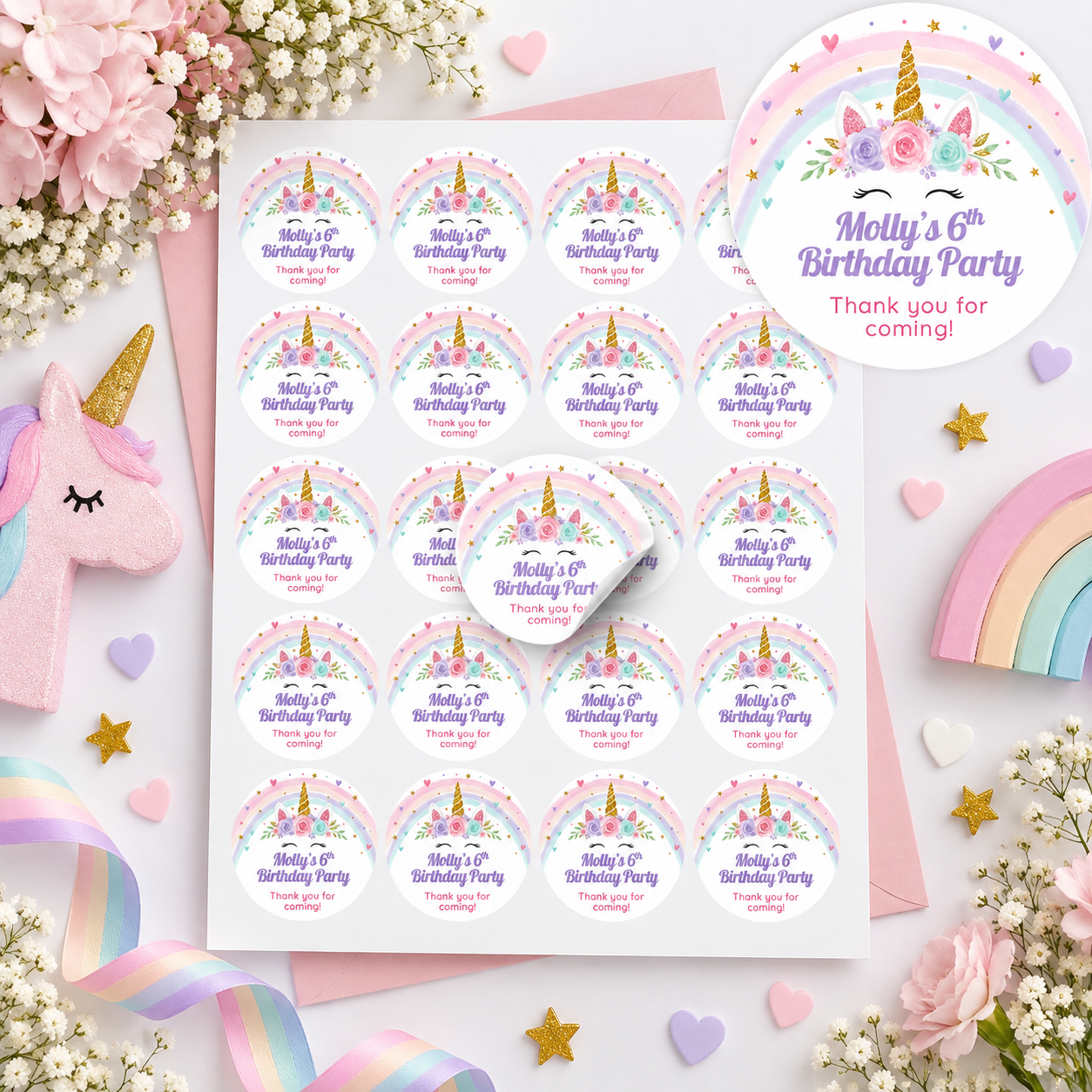 Personalised unicorn rainbow birthday stickers on an A4 sheet with 20 stickers